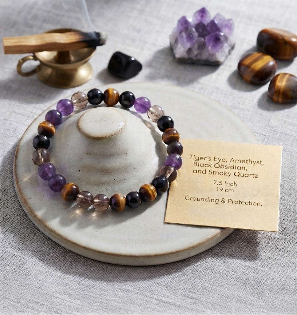 Tiger's Eye, Amethyst, Black Obsidian &Smoky Quartz Bracelet