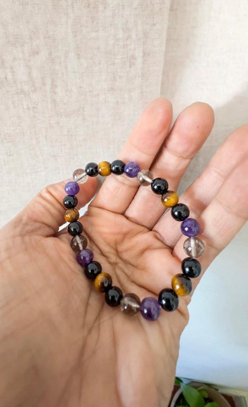 Tiger's Eye, Amethyst, Black Obsidian &Smoky Quartz Bracelet