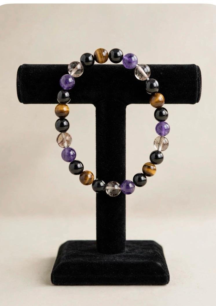 Tiger's Eye, Amethyst, Black Obsidian &Smoky Quartz Bracelet