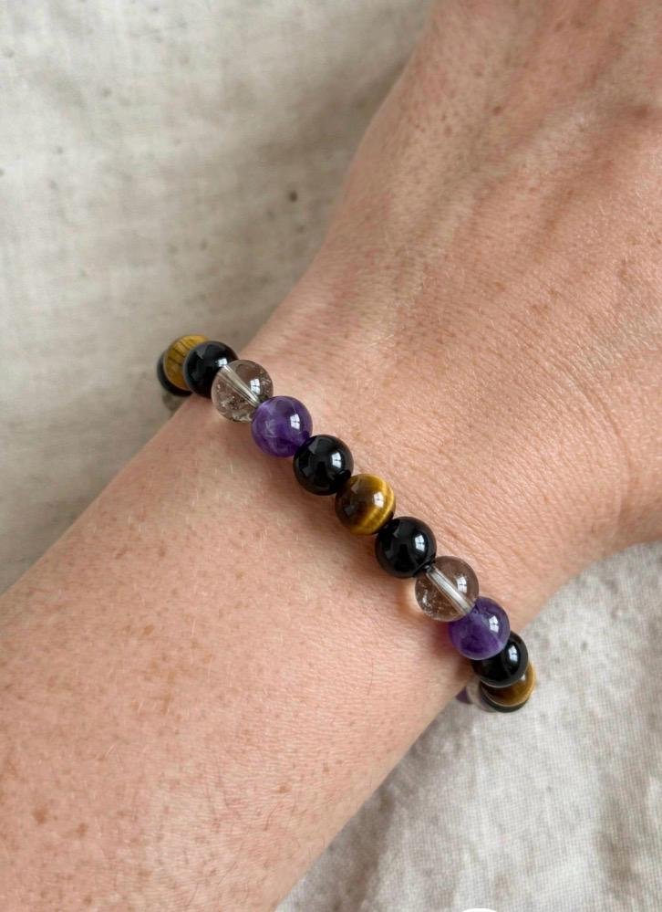 Tiger's Eye, Amethyst, Black Obsidian &Smoky Quartz Bracelet